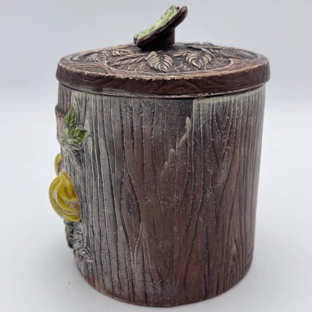 VTG Treasure Craft Tea Jar‎ Green Butterfly & Kids Ceramic WoodGrain CottageCore